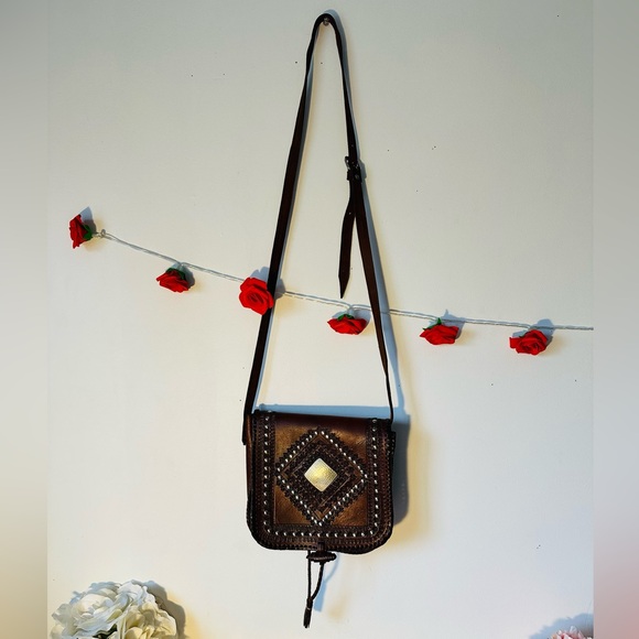 Vintage Boho Morocco Brown Leather Studded Hand Tooled Festival Crossbody Bag - Picture 3 of 9